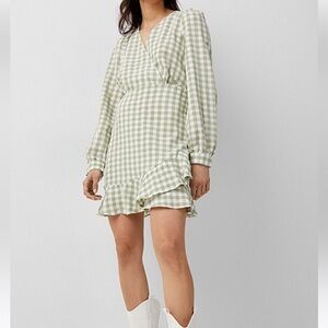 Vero Moda Green Gingham Ruffled Long Sleeve Surplice V-Neck Picnic Mini Dress S